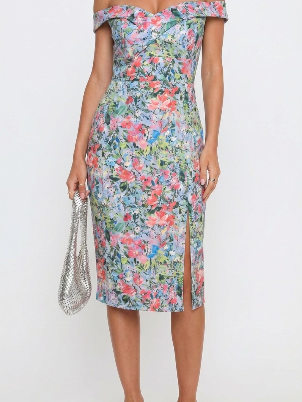 NwT Womens Size 8 Aidan Mattox Floral Off-Shoulder Midi Dress Pink, Blue, Green